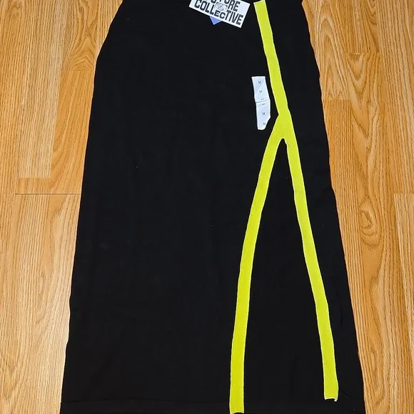 NWT Future Collective pencil skirt with slit. Black and neon yellow/green - Picture 2 of 6